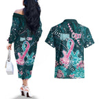 Personalised Hereditary Cancer Awareness Couples Matching Off The Shoulder Long Sleeve Dress and Hawaiian Shirt Hope Ribbon With Aussie Teal Duncan Coral
