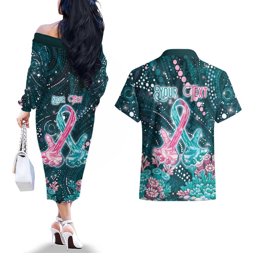 Personalised Hereditary Cancer Awareness Couples Matching Off The Shoulder Long Sleeve Dress and Hawaiian Shirt Hope Ribbon With Aussie Teal Duncan Coral