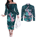 Personalised Hereditary Cancer Awareness Couples Matching Off The Shoulder Long Sleeve Dress and Long Sleeve Button Shirt Hope Ribbon With Aussie Teal Duncan Coral