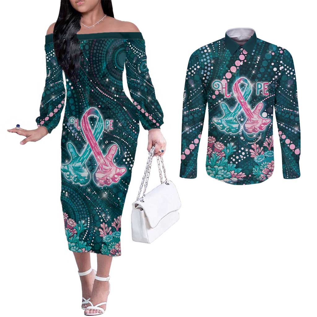 Personalised Hereditary Cancer Awareness Couples Matching Off The Shoulder Long Sleeve Dress and Long Sleeve Button Shirt Hope Ribbon With Aussie Teal Duncan Coral