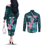 Personalised Hereditary Cancer Awareness Couples Matching Off The Shoulder Long Sleeve Dress and Long Sleeve Button Shirt Hope Ribbon With Aussie Teal Duncan Coral