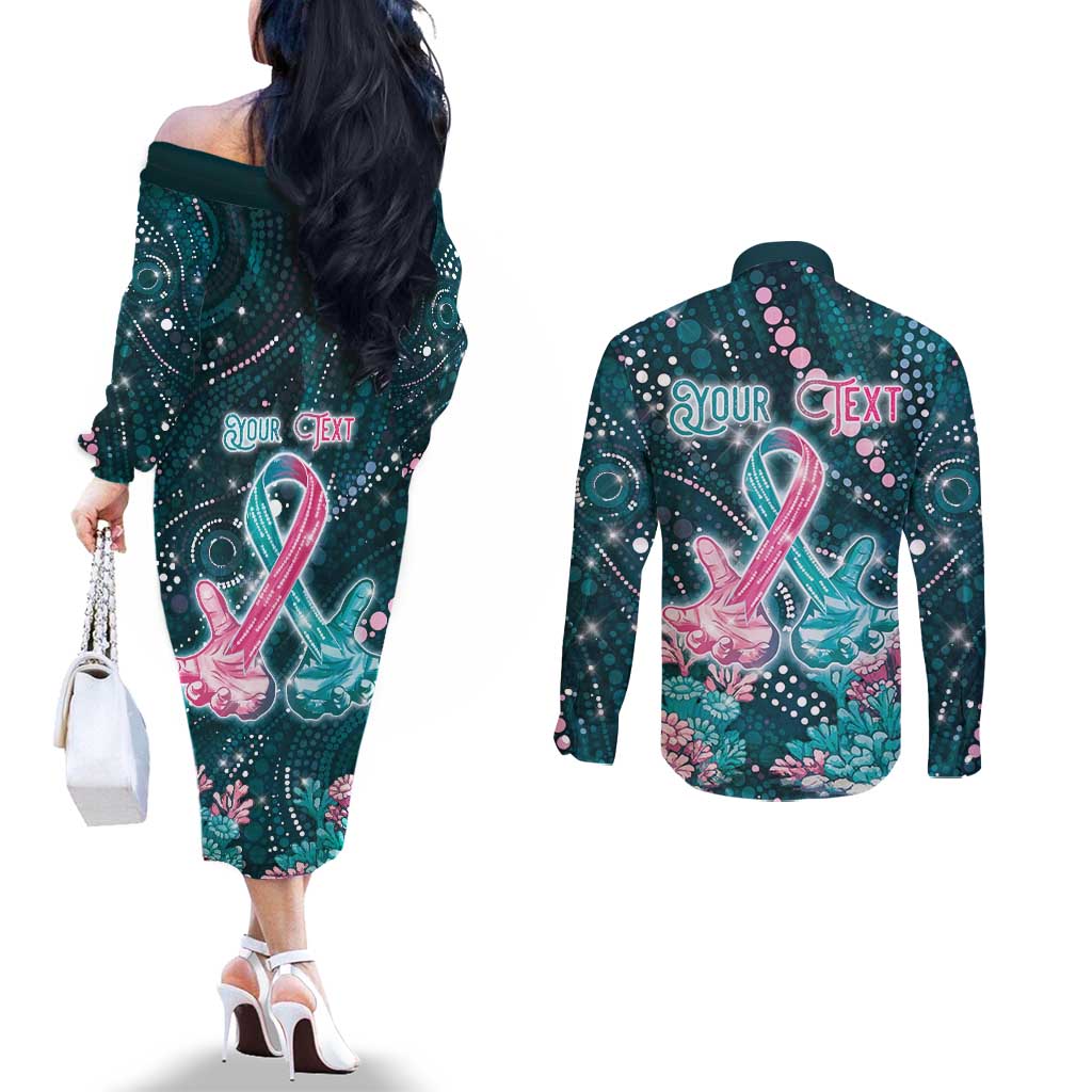 Personalised Hereditary Cancer Awareness Couples Matching Off The Shoulder Long Sleeve Dress and Long Sleeve Button Shirt Hope Ribbon With Aussie Teal Duncan Coral