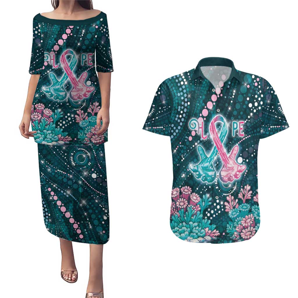 Personalised Hereditary Cancer Awareness Couples Matching Puletasi and Hawaiian Shirt Hope Ribbon With Aussie Teal Duncan Coral
