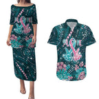 Personalised Hereditary Cancer Awareness Couples Matching Puletasi and Hawaiian Shirt Hope Ribbon With Aussie Teal Duncan Coral