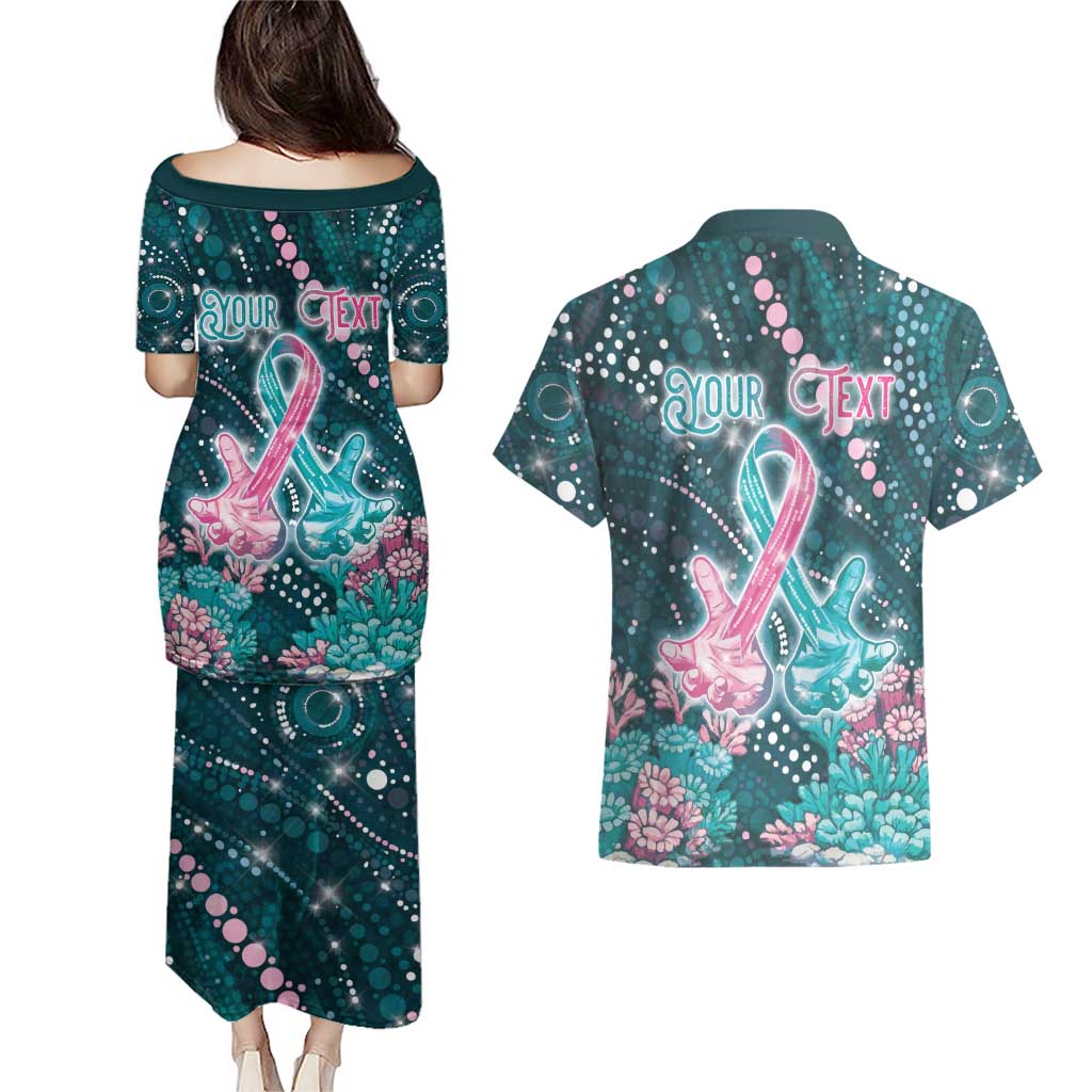 Personalised Hereditary Cancer Awareness Couples Matching Puletasi and Hawaiian Shirt Hope Ribbon With Aussie Teal Duncan Coral