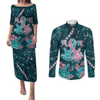 Personalised Hereditary Cancer Awareness Couples Matching Puletasi and Long Sleeve Button Shirt Hope Ribbon With Aussie Teal Duncan Coral