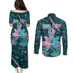 Personalised Hereditary Cancer Awareness Couples Matching Puletasi and Long Sleeve Button Shirt Hope Ribbon With Aussie Teal Duncan Coral