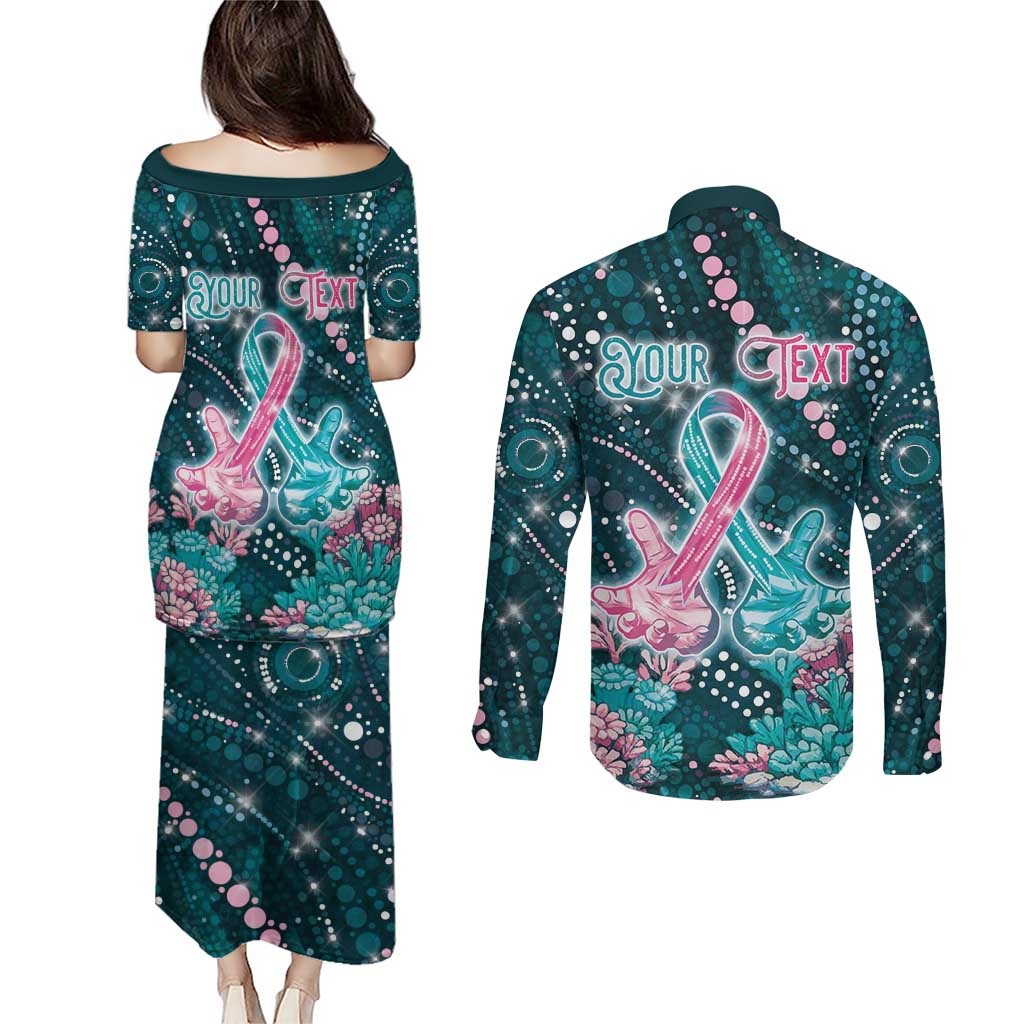 Personalised Hereditary Cancer Awareness Couples Matching Puletasi and Long Sleeve Button Shirt Hope Ribbon With Aussie Teal Duncan Coral