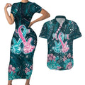 Personalised Hereditary Cancer Awareness Couples Matching Short Sleeve Bodycon Dress and Hawaiian Shirt Hope Ribbon With Aussie Teal Duncan Coral