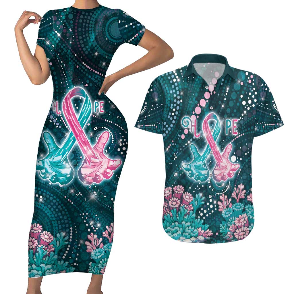Personalised Hereditary Cancer Awareness Couples Matching Short Sleeve Bodycon Dress and Hawaiian Shirt Hope Ribbon With Aussie Teal Duncan Coral