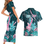 Personalised Hereditary Cancer Awareness Couples Matching Short Sleeve Bodycon Dress and Hawaiian Shirt Hope Ribbon With Aussie Teal Duncan Coral