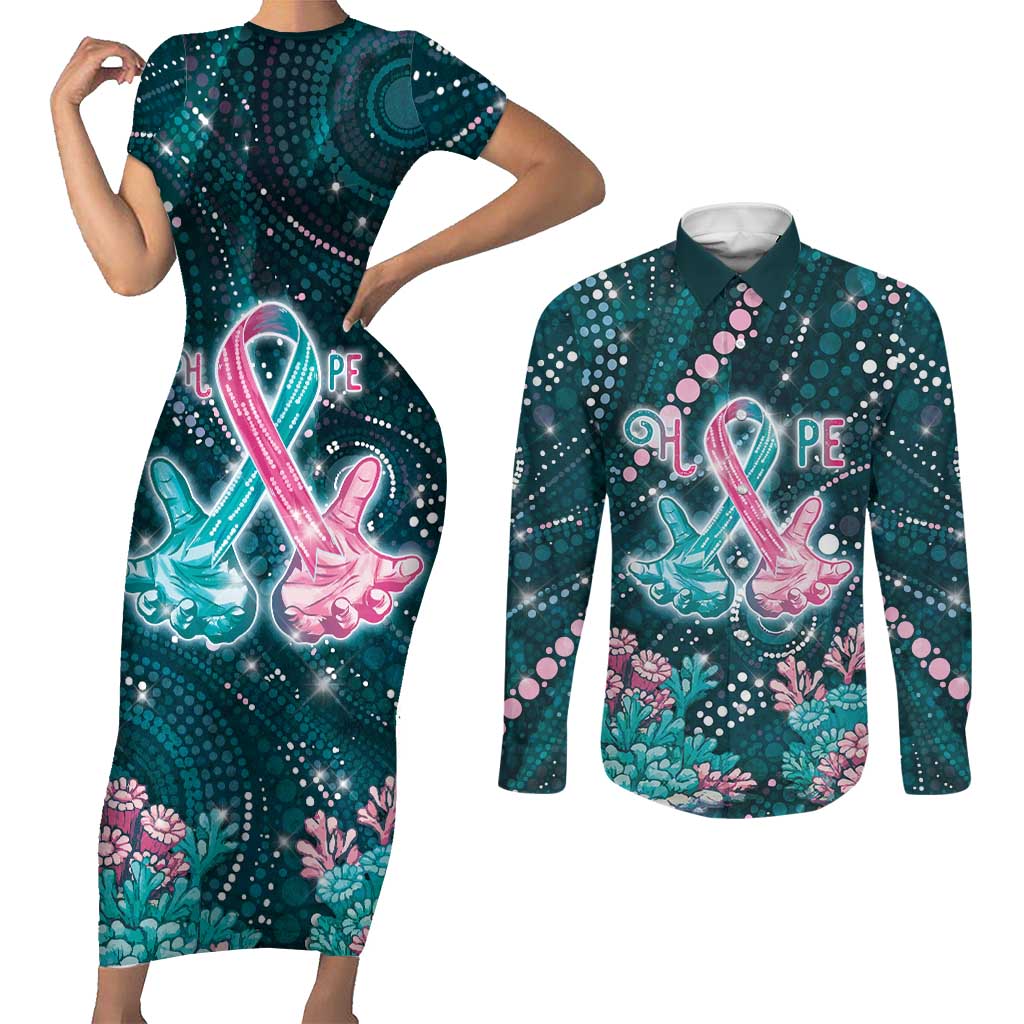 Personalised Hereditary Cancer Awareness Couples Matching Short Sleeve Bodycon Dress and Long Sleeve Button Shirt Hope Ribbon With Aussie Teal Duncan Coral