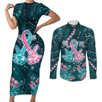 Personalised Hereditary Cancer Awareness Couples Matching Short Sleeve Bodycon Dress and Long Sleeve Button Shirt Hope Ribbon With Aussie Teal Duncan Coral