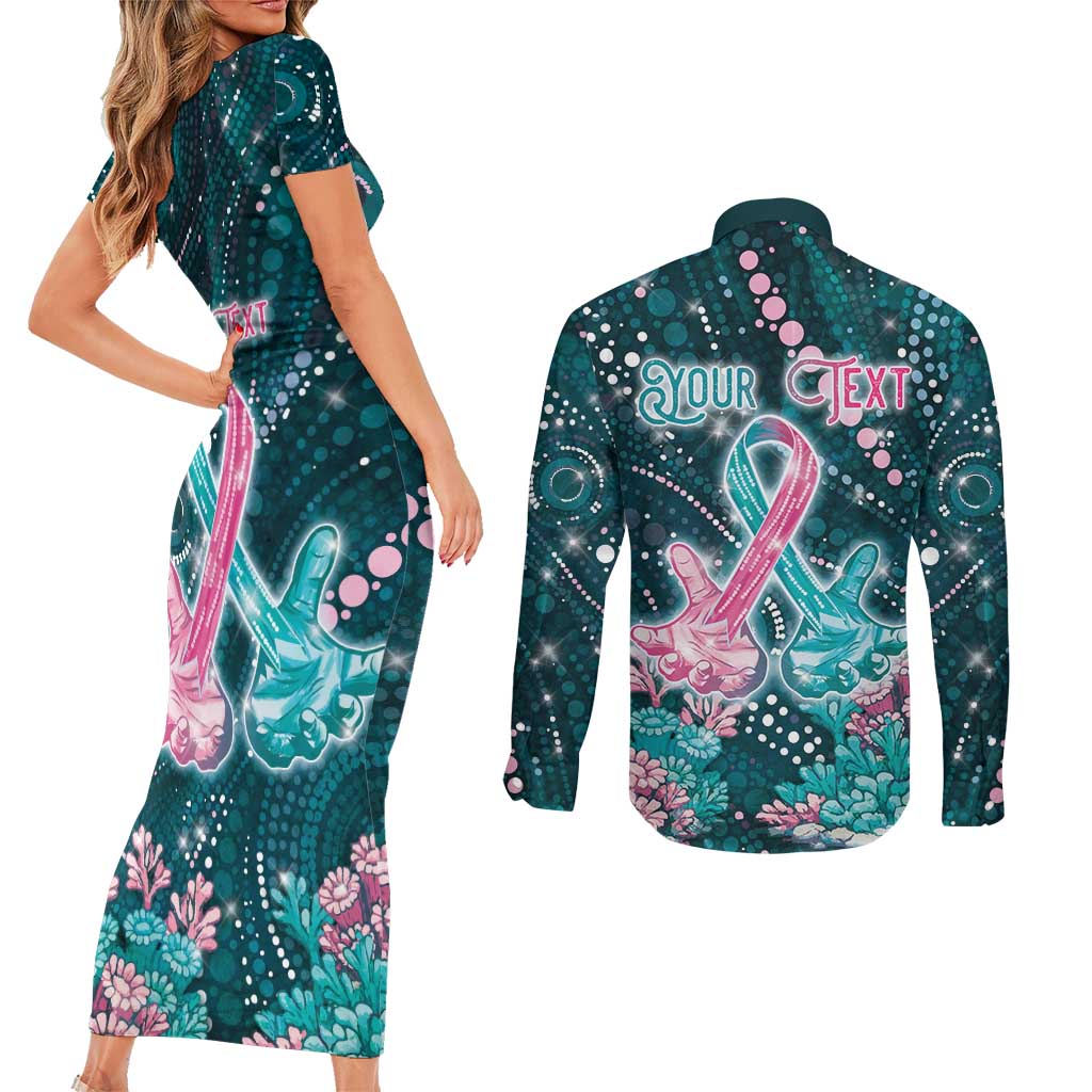 Personalised Hereditary Cancer Awareness Couples Matching Short Sleeve Bodycon Dress and Long Sleeve Button Shirt Hope Ribbon With Aussie Teal Duncan Coral