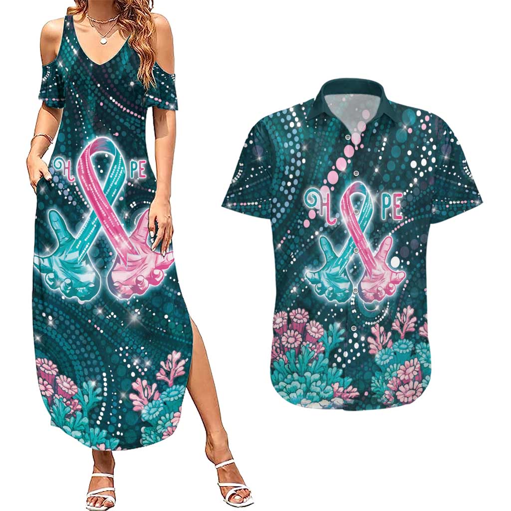 Personalised Hereditary Cancer Awareness Couples Matching Summer Maxi Dress and Hawaiian Shirt Hope Ribbon With Aussie Teal Duncan Coral