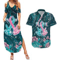Personalised Hereditary Cancer Awareness Couples Matching Summer Maxi Dress and Hawaiian Shirt Hope Ribbon With Aussie Teal Duncan Coral