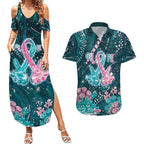 Personalised Hereditary Cancer Awareness Couples Matching Summer Maxi Dress and Hawaiian Shirt Hope Ribbon With Aussie Teal Duncan Coral