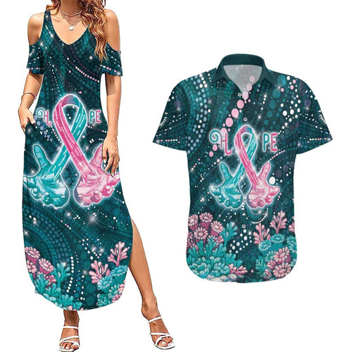 Personalised Hereditary Cancer Awareness Couples Matching Summer Maxi Dress and Hawaiian Shirt Hope Ribbon With Aussie Teal Duncan Coral