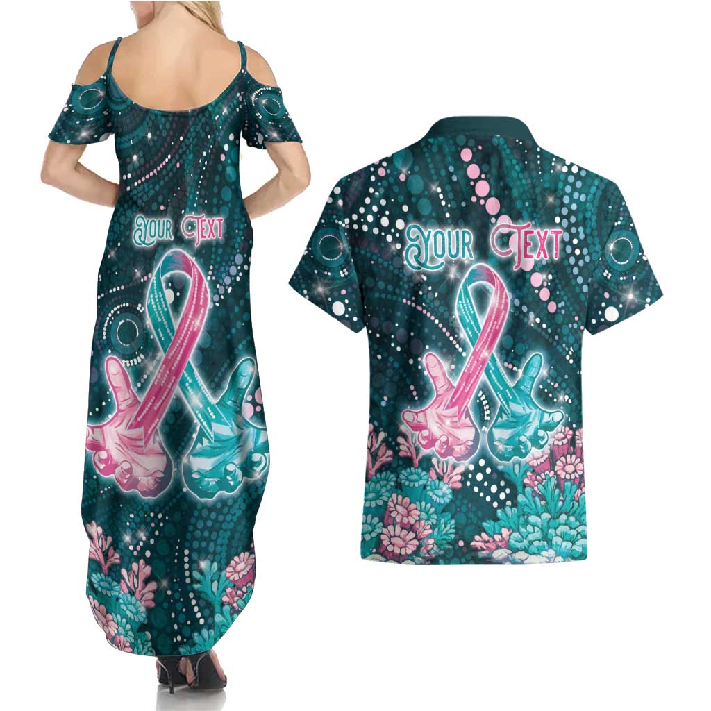 Personalised Hereditary Cancer Awareness Couples Matching Summer Maxi Dress and Hawaiian Shirt Hope Ribbon With Aussie Teal Duncan Coral