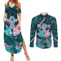 Personalised Hereditary Cancer Awareness Couples Matching Summer Maxi Dress and Long Sleeve Button Shirt Hope Ribbon With Aussie Teal Duncan Coral