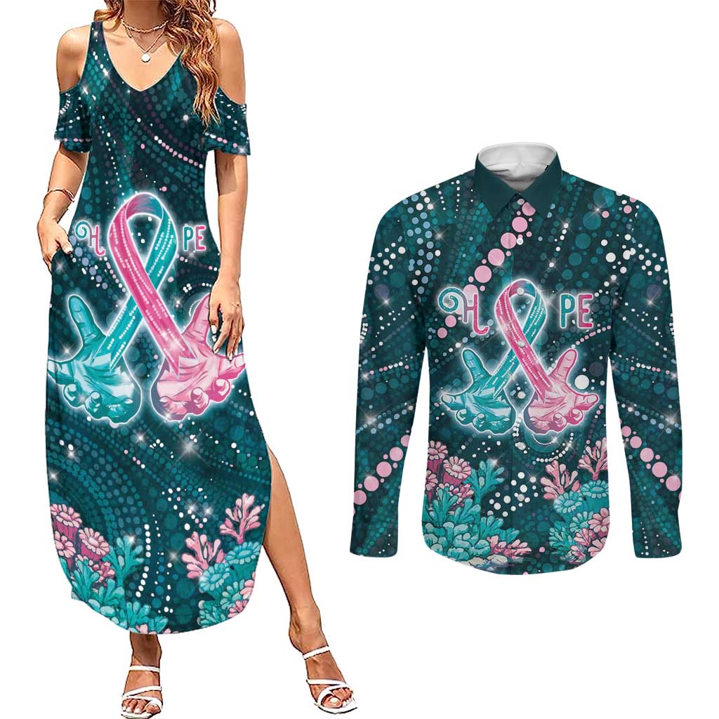 Personalised Hereditary Cancer Awareness Couples Matching Summer Maxi Dress and Long Sleeve Button Shirt Hope Ribbon With Aussie Teal Duncan Coral