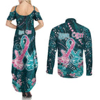 Personalised Hereditary Cancer Awareness Couples Matching Summer Maxi Dress and Long Sleeve Button Shirt Hope Ribbon With Aussie Teal Duncan Coral