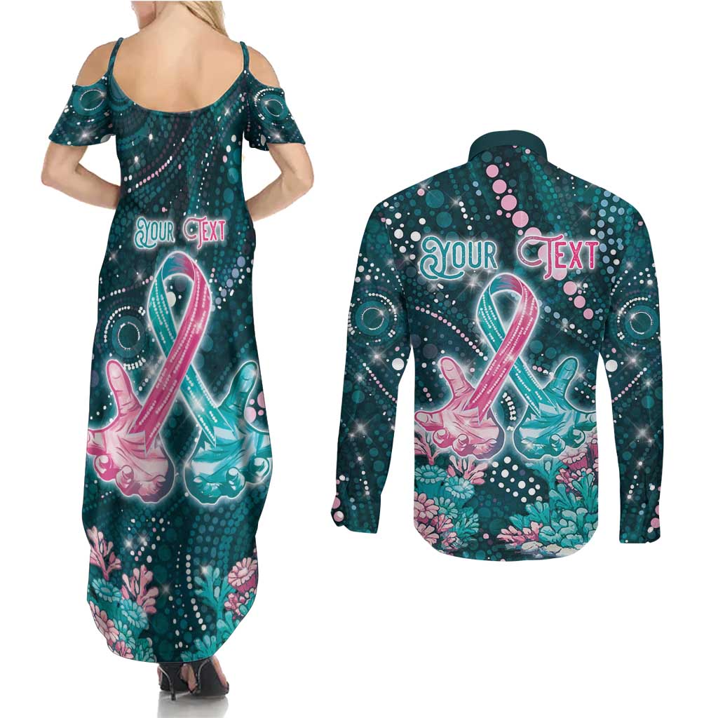 Personalised Hereditary Cancer Awareness Couples Matching Summer Maxi Dress and Long Sleeve Button Shirt Hope Ribbon With Aussie Teal Duncan Coral