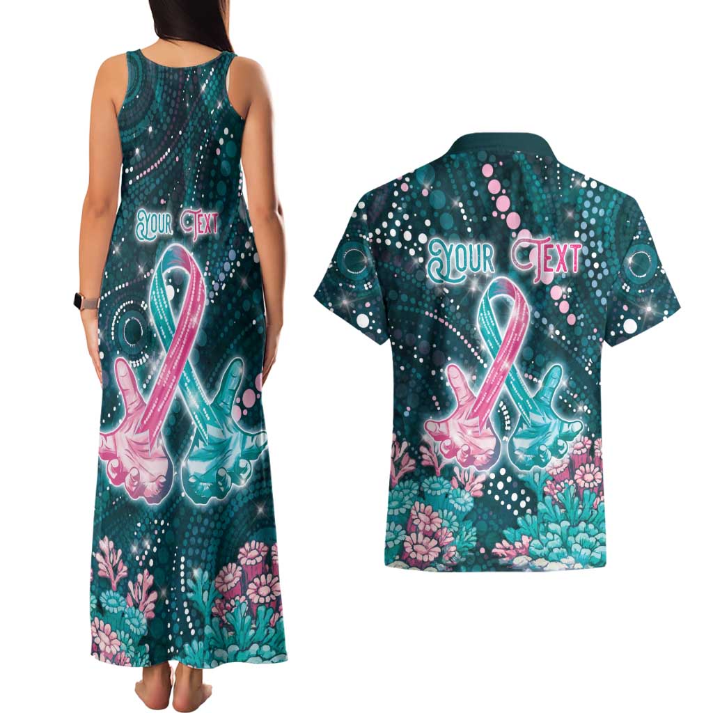 Personalised Hereditary Cancer Awareness Couples Matching Tank Maxi Dress and Hawaiian Shirt Hope Ribbon With Aussie Teal Duncan Coral