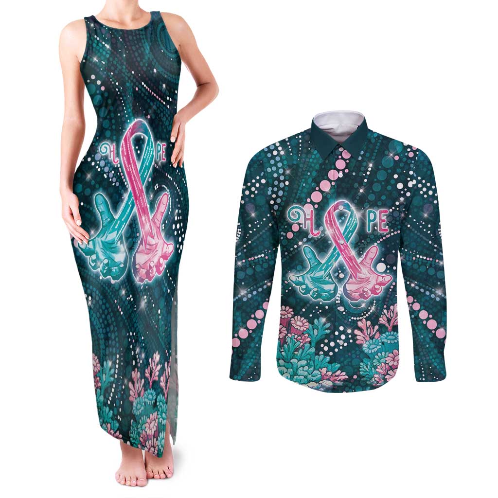 Personalised Hereditary Cancer Awareness Couples Matching Tank Maxi Dress and Long Sleeve Button Shirt Hope Ribbon With Aussie Teal Duncan Coral
