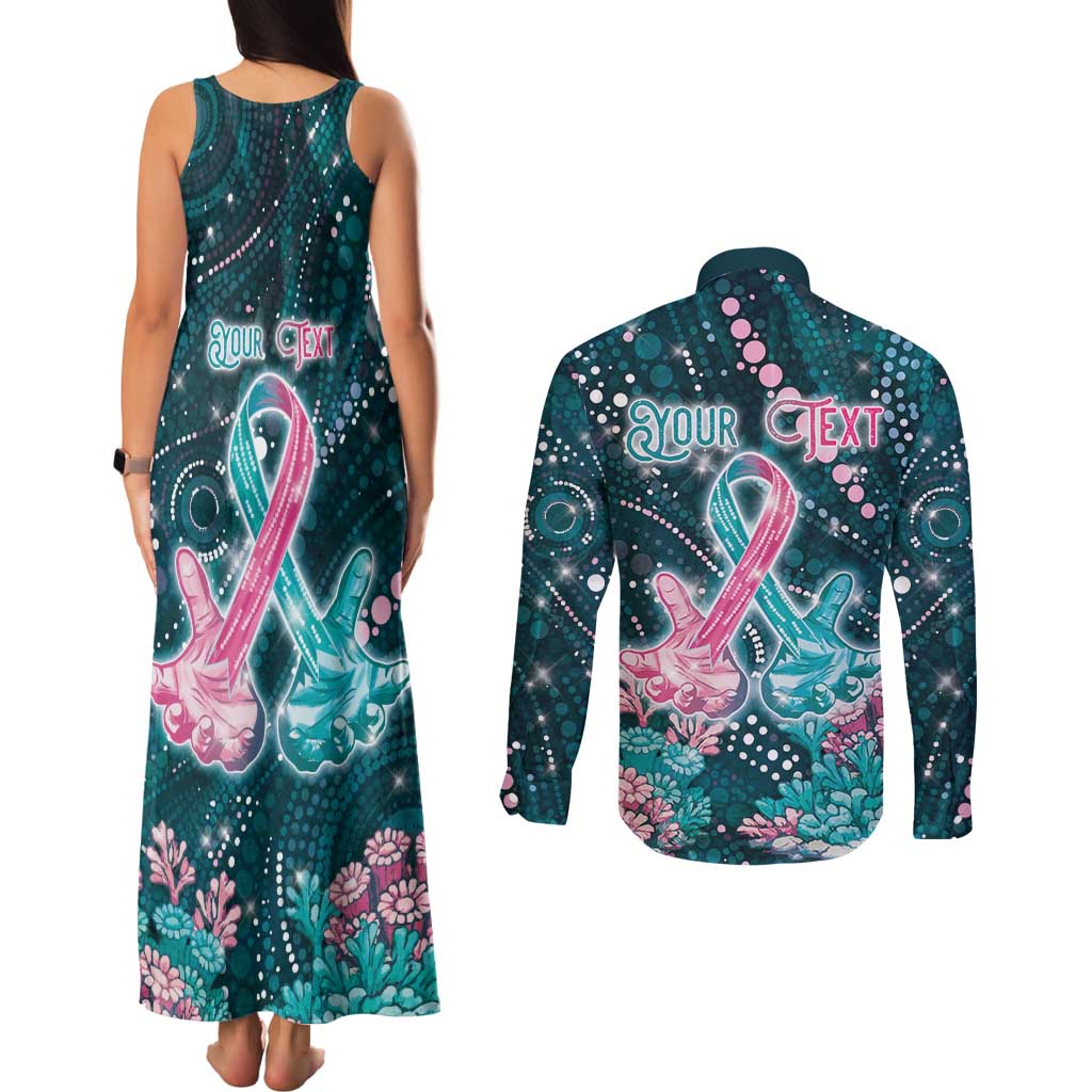 Personalised Hereditary Cancer Awareness Couples Matching Tank Maxi Dress and Long Sleeve Button Shirt Hope Ribbon With Aussie Teal Duncan Coral