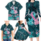 Personalised Hereditary Cancer Awareness Family Matching Long Sleeve Bodycon Dress and Hawaiian Shirt Hope Ribbon With Aussie Teal Duncan Coral