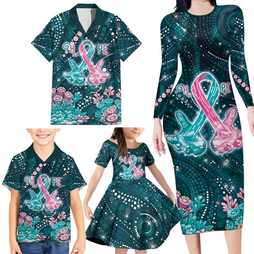 Personalised Hereditary Cancer Awareness Family Matching Long Sleeve Bodycon Dress and Hawaiian Shirt Hope Ribbon With Aussie Teal Duncan Coral