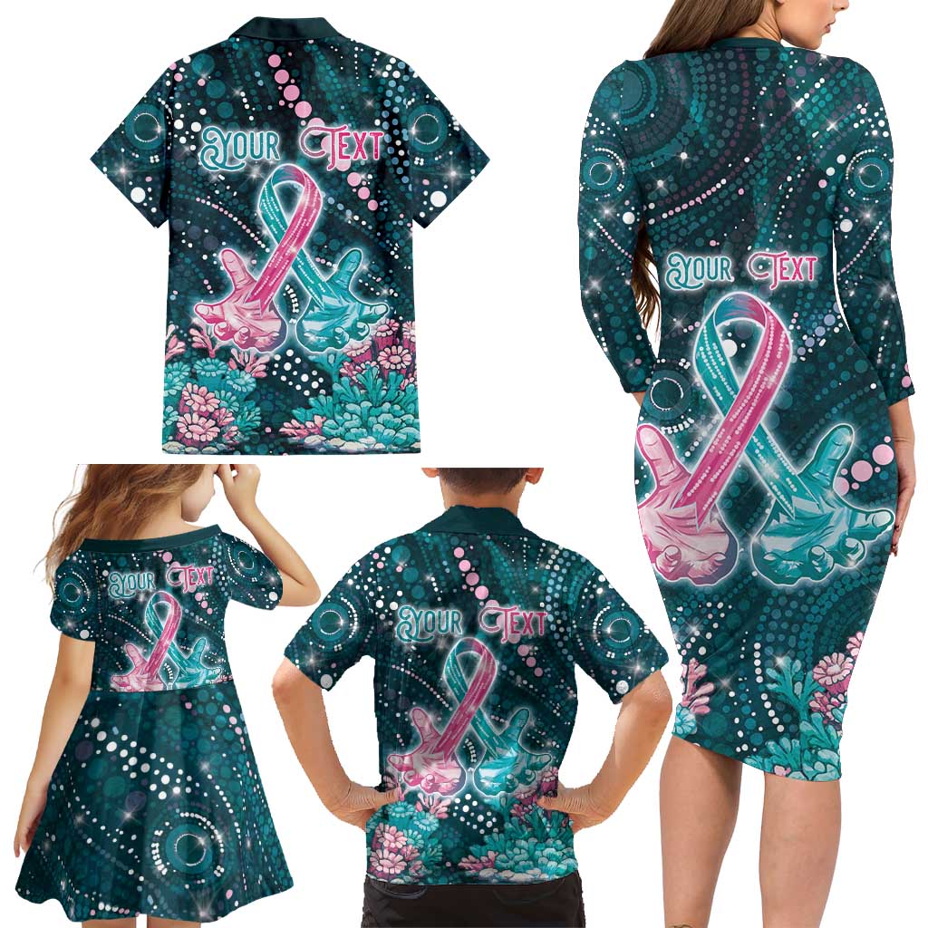 Personalised Hereditary Cancer Awareness Family Matching Long Sleeve Bodycon Dress and Hawaiian Shirt Hope Ribbon With Aussie Teal Duncan Coral