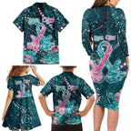 Personalised Hereditary Cancer Awareness Family Matching Long Sleeve Bodycon Dress and Hawaiian Shirt Hope Ribbon With Aussie Teal Duncan Coral