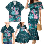 Personalised Hereditary Cancer Awareness Family Matching Mermaid Dress and Hawaiian Shirt Hope Ribbon With Aussie Teal Duncan Coral