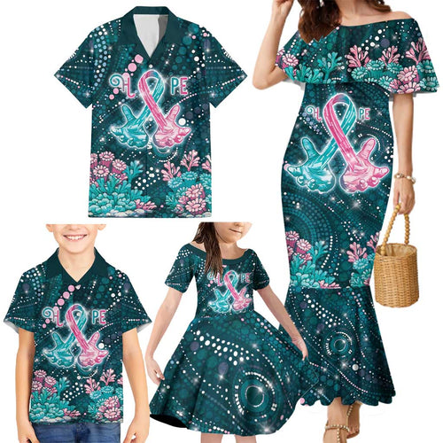 Personalised Hereditary Cancer Awareness Family Matching Mermaid Dress and Hawaiian Shirt Hope Ribbon With Aussie Teal Duncan Coral