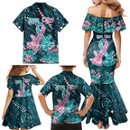 Personalised Hereditary Cancer Awareness Family Matching Mermaid Dress and Hawaiian Shirt Hope Ribbon With Aussie Teal Duncan Coral