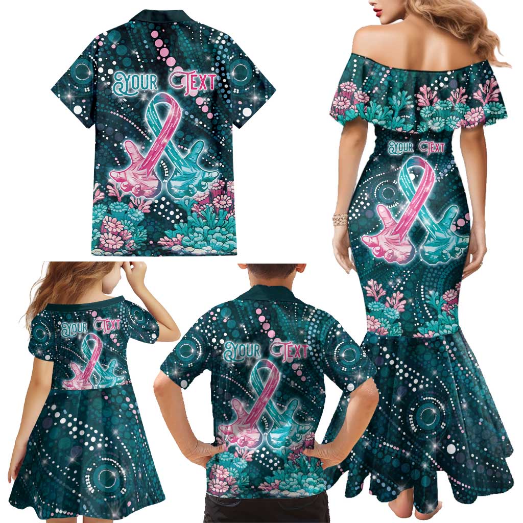 Personalised Hereditary Cancer Awareness Family Matching Mermaid Dress and Hawaiian Shirt Hope Ribbon With Aussie Teal Duncan Coral