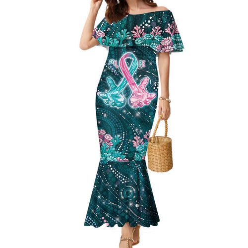 Personalised Hereditary Cancer Awareness Family Matching Mermaid Dress and Hawaiian Shirt Hope Ribbon With Aussie Teal Duncan Coral