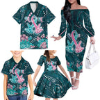 Personalised Hereditary Cancer Awareness Family Matching Off The Shoulder Long Sleeve Dress and Hawaiian Shirt Hope Ribbon With Aussie Teal Duncan Coral