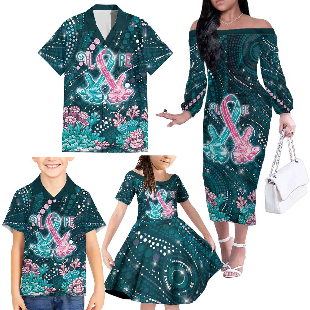 Personalised Hereditary Cancer Awareness Family Matching Off The Shoulder Long Sleeve Dress and Hawaiian Shirt Hope Ribbon With Aussie Teal Duncan Coral