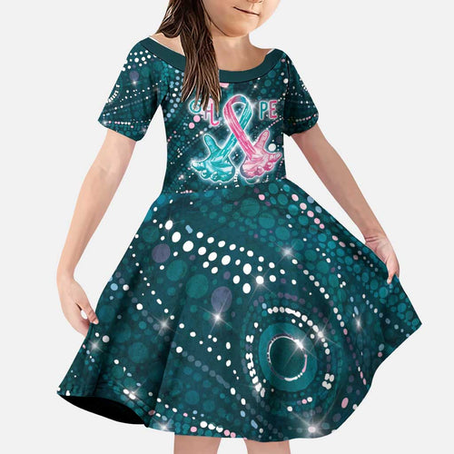 Personalised Hereditary Cancer Awareness Family Matching Off The Shoulder Long Sleeve Dress and Hawaiian Shirt Hope Ribbon With Aussie Teal Duncan Coral