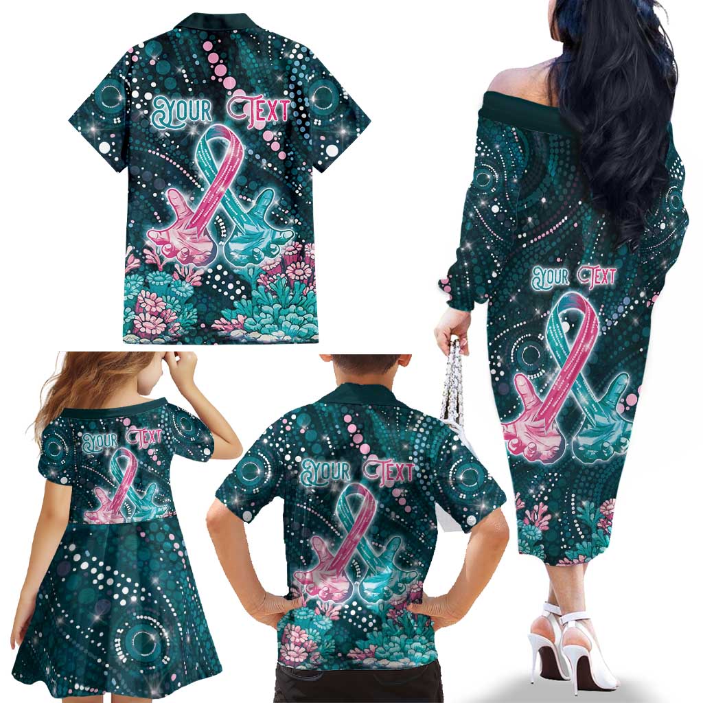 Personalised Hereditary Cancer Awareness Family Matching Off The Shoulder Long Sleeve Dress and Hawaiian Shirt Hope Ribbon With Aussie Teal Duncan Coral