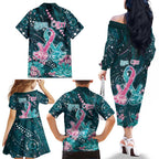 Personalised Hereditary Cancer Awareness Family Matching Off The Shoulder Long Sleeve Dress and Hawaiian Shirt Hope Ribbon With Aussie Teal Duncan Coral