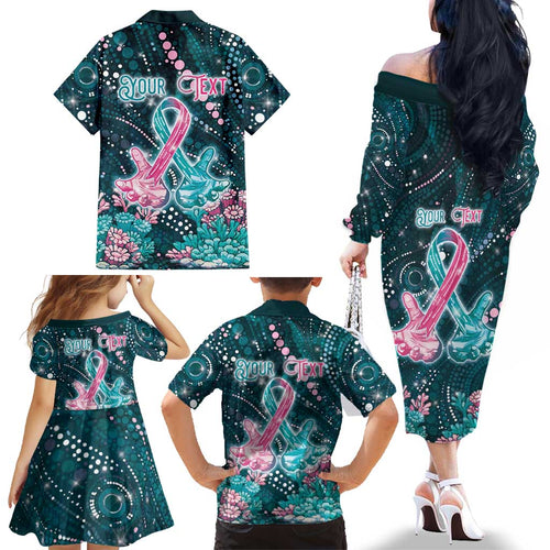 Personalised Hereditary Cancer Awareness Family Matching Off The Shoulder Long Sleeve Dress and Hawaiian Shirt Hope Ribbon With Aussie Teal Duncan Coral