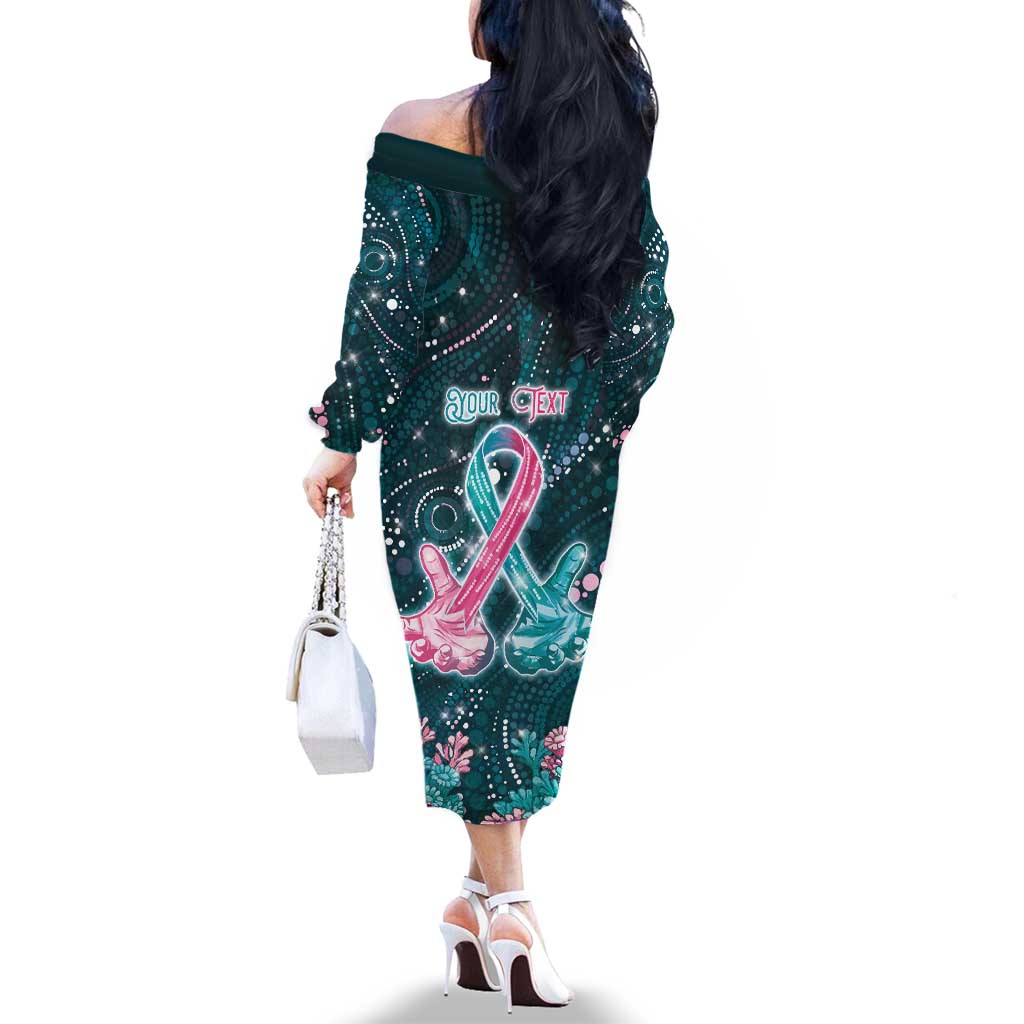 Personalised Hereditary Cancer Awareness Family Matching Off The Shoulder Long Sleeve Dress and Hawaiian Shirt Hope Ribbon With Aussie Teal Duncan Coral