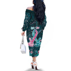 Personalised Hereditary Cancer Awareness Family Matching Off The Shoulder Long Sleeve Dress and Hawaiian Shirt Hope Ribbon With Aussie Teal Duncan Coral