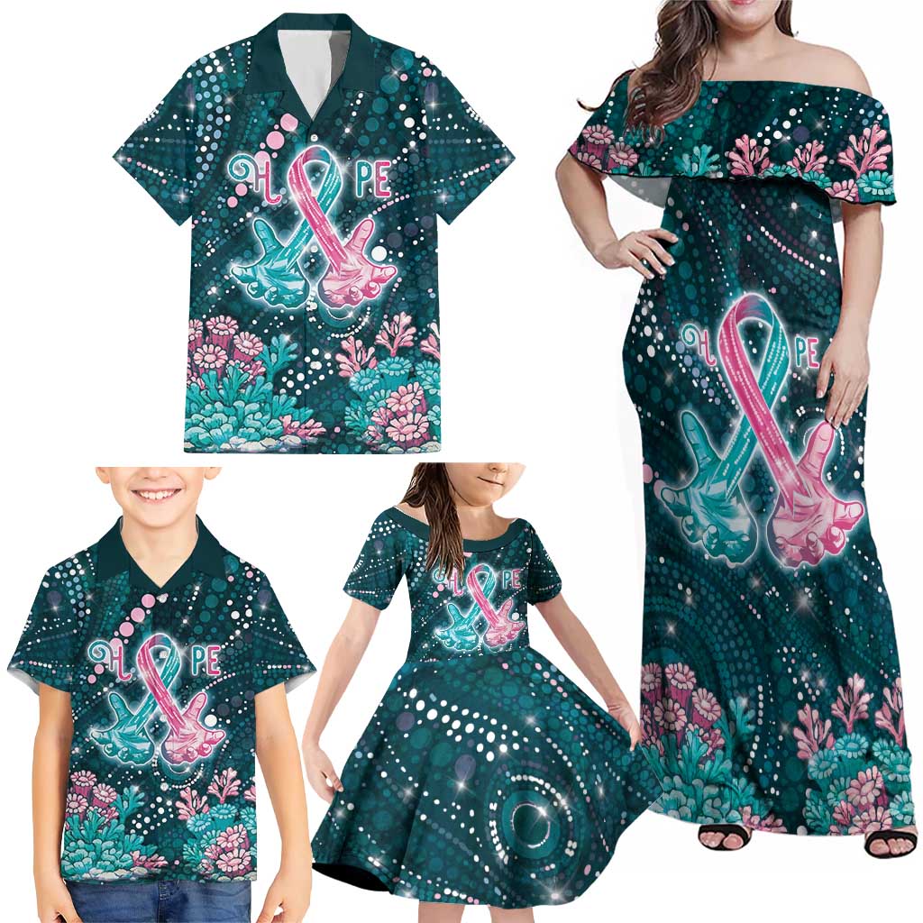 Personalised Hereditary Cancer Awareness Family Matching Off Shoulder Maxi Dress and Hawaiian Shirt Hope Ribbon With Aussie Teal Duncan Coral