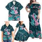 Personalised Hereditary Cancer Awareness Family Matching Off Shoulder Maxi Dress and Hawaiian Shirt Hope Ribbon With Aussie Teal Duncan Coral