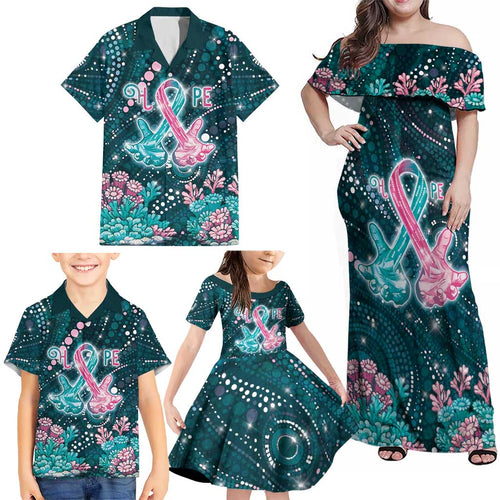 Personalised Hereditary Cancer Awareness Family Matching Off Shoulder Maxi Dress and Hawaiian Shirt Hope Ribbon With Aussie Teal Duncan Coral